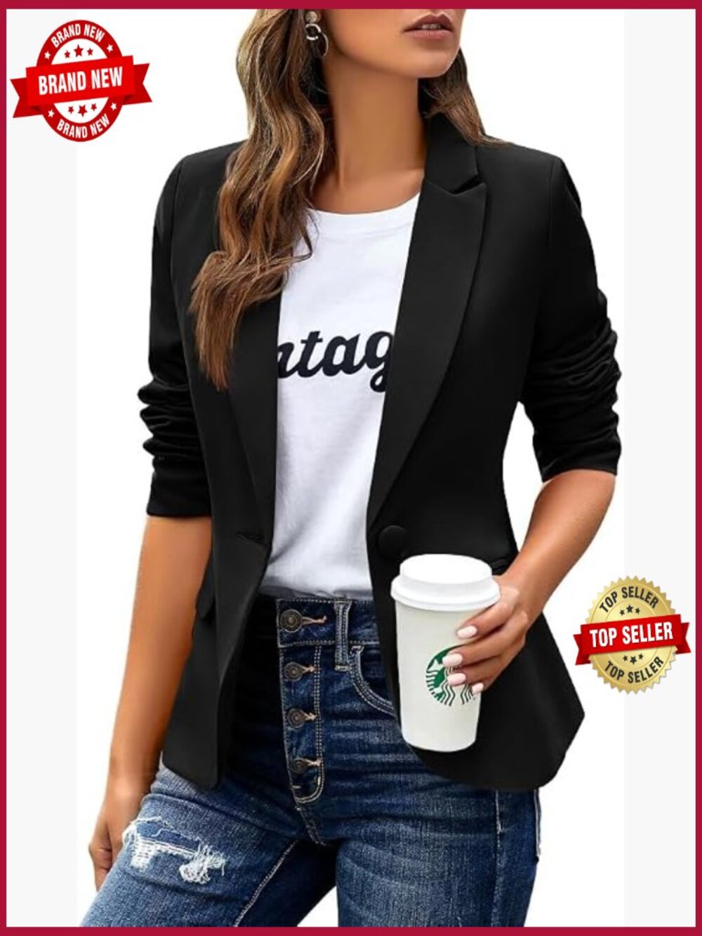 Business Casual Blazer Long Sleeve Button Suit Jacket with Pockets